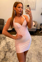 Load image into Gallery viewer, Sparkly Bodycon Halter Neck Light Pink Corset Homecoming Dress with Beading