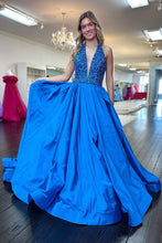 Load image into Gallery viewer, Goegeous Blue A-Line Deep V-Neck Long Satin Prom Dress with Sequin

