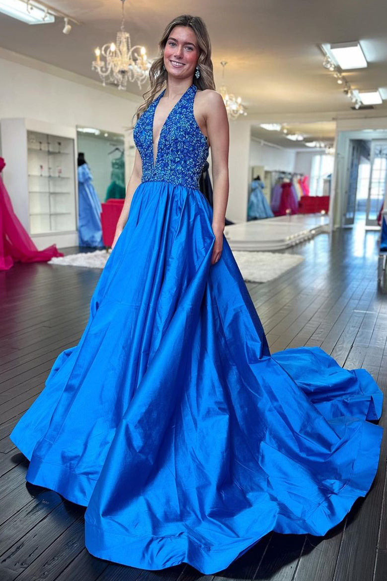 Blue V Neck Beaded Bodice Satin A-Line Long Prom Dress