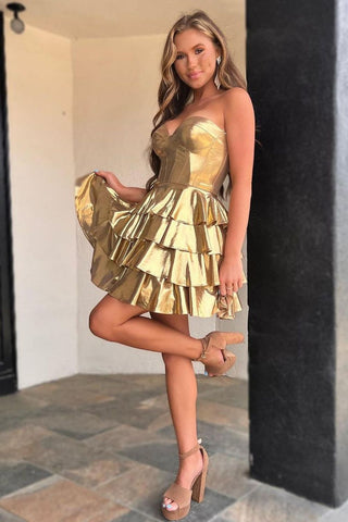 Gold A-Line Sweetheart Short Tiered Metallic Homecoming Dress