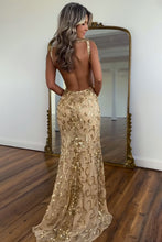 Load image into Gallery viewer, Sparkly Mermaid V Neck Gold Sequins Long Prom Dress with Split Front