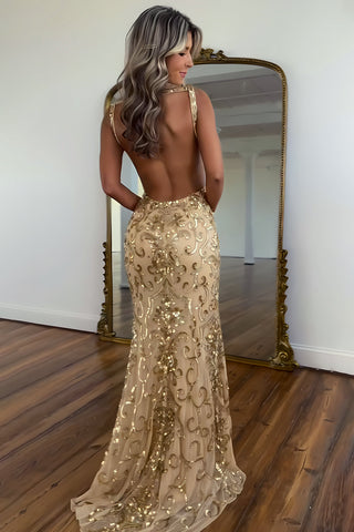 Sparkly Mermaid V Neck Gold Sequins Long Prom Dress with Split Front