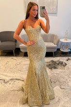 Load image into Gallery viewer, Shiny Light Blue Mermaid Spaghetti Straps Long Beaded Prom Dress