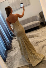Load image into Gallery viewer, Shiny Light Blue Mermaid Spaghetti Straps Long Beaded Prom Dress