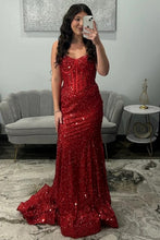 Load image into Gallery viewer, Shiny Light Blue Mermaid Spaghetti Straps Long Beaded Prom Dress