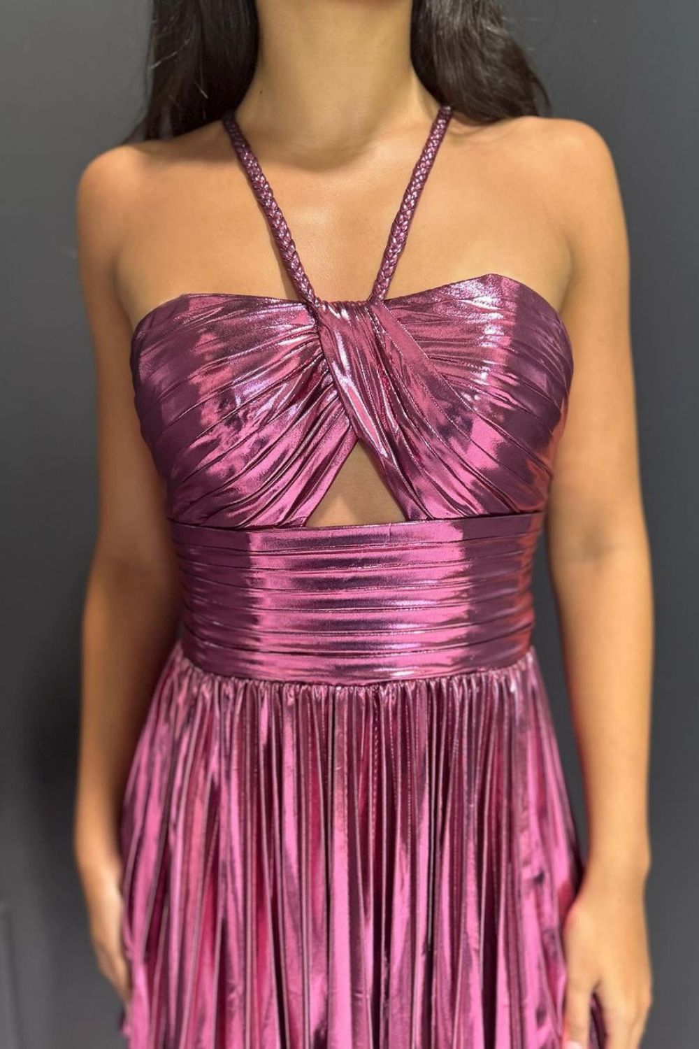 Gold Metallic Halter Neck Plisse Tiered Mini Dress