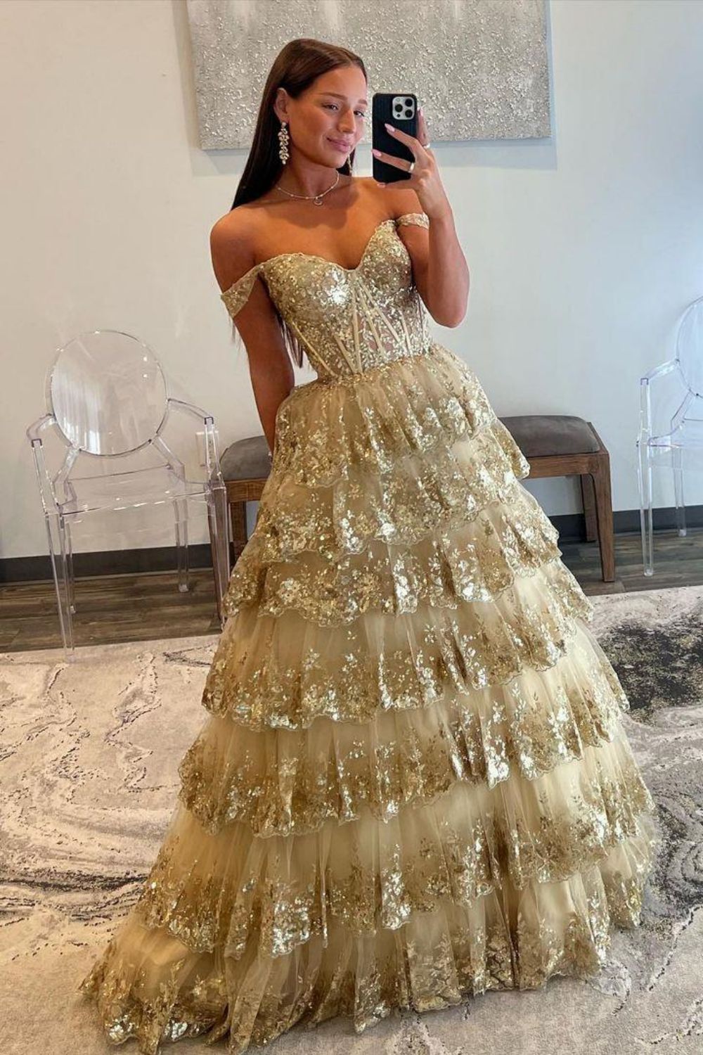 Luuvis Gorgeous Gold A-Line Off The Shoulder Lace Up Long Prom Dress
