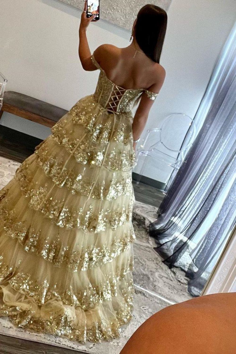 Luuvis Gorgeous Gold A-Line Off The Shoulder Lace Up Long Prom Dress