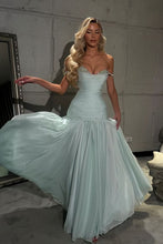 Load image into Gallery viewer, Gorgeous A Line Off the Shoulder Light Blue Long Prom Dress with Beading
