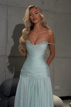 Load image into Gallery viewer, Gorgeous A Line Off the Shoulder Light Blue Long Prom Dress with Beading
