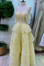 Load image into Gallery viewer, Gorgeous A Line Off the Shoulder Yellow Long Prom Dress with Beading
