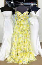 Load image into Gallery viewer, Gorgeous A Line Spaghetti Straps Yellow Floral Printed Long Prom Dress with Ruffles