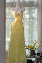 Load image into Gallery viewer, Gorgeous A Line Spaghetti Straps Yellow Long Prom Dress with Appliques Beading
