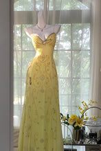 Load image into Gallery viewer, Gorgeous A Line Spaghetti Straps Yellow Long Prom Dress with Appliques Beading
