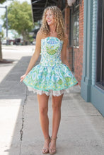 Load image into Gallery viewer, Trendy A Line Strapless Light Green Floral Printed Short Homecoming Dress with Lace