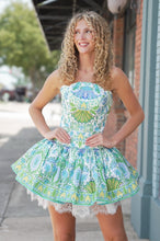 Load image into Gallery viewer, Trendy A Line Strapless Light Green Floral Printed Short Homecoming Dress with Lace