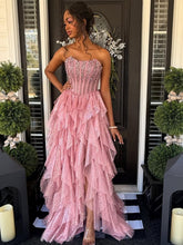Load image into Gallery viewer, Gorgeous A Line Strapless Pink Corset Long Prom Dress with Beading

