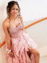 Load image into Gallery viewer, Gorgeous A Line Strapless Pink Corset Long Prom Dress with Beading

