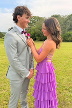 Load image into Gallery viewer, Gorgeous A Line Strapless Purple Long Prom Dress with Criss Cross Back
