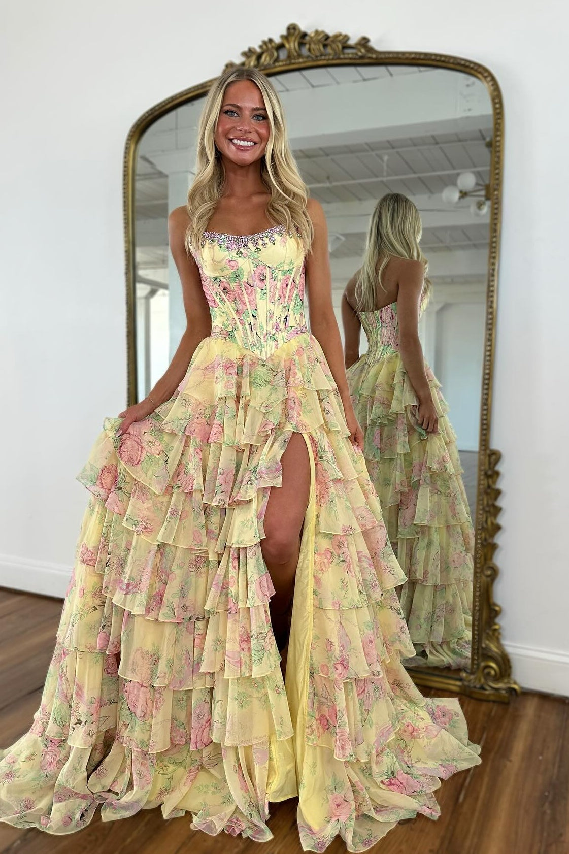 Gorgeous A Line Strapless Yellow Printed Corset Prom Dress with Beading Ruffles