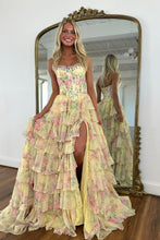 Load image into Gallery viewer, Gorgeous A Line Strapless Yellow Printed Corset Prom Dress with Beading Ruffles
