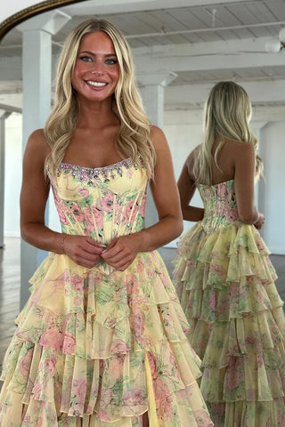 Gorgeous A Line Strapless Yellow Printed Corset Prom Dress with Beading Ruffles