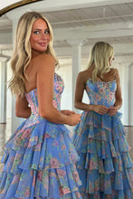 Load image into Gallery viewer, Gorgeous A Line Strapless Yellow Printed Corset Prom Dress with Beading Ruffles
