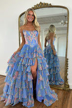 Load image into Gallery viewer, Gorgeous A Line Strapless Yellow Printed Corset Prom Dress with Beading Ruffles
