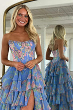 Load image into Gallery viewer, Gorgeous A Line Strapless Yellow Printed Corset Prom Dress with Beading Ruffles
