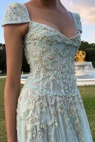 Retro Style A Line V Neck Light Green Long Prom Dress with Appliques Beading