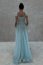 Load image into Gallery viewer, Retro Style A Line V Neck Light Green Long Prom Dress with Appliques Beading