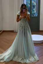 Load image into Gallery viewer, Retro Style A Line V Neck Light Green Long Prom Dress with Appliques Beading