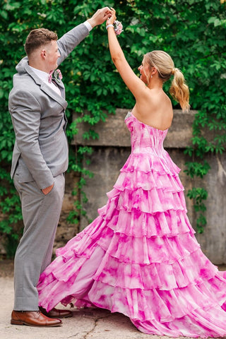 Gorgeous A Line Sweetheart Pink Printed Corset Prom Dress with Beading Ruffles