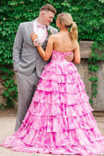Load image into Gallery viewer, Gorgeous A Line Sweetheart Pink Printed Corset Prom Dress with Beading Ruffles
