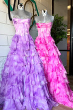 Load image into Gallery viewer, Gorgeous A Line Sweetheart Pink Printed Corset Prom Dress with Beading Ruffles
