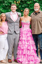 Load image into Gallery viewer, Gorgeous A Line Sweetheart Pink Printed Corset Prom Dress with Beading Ruffles
