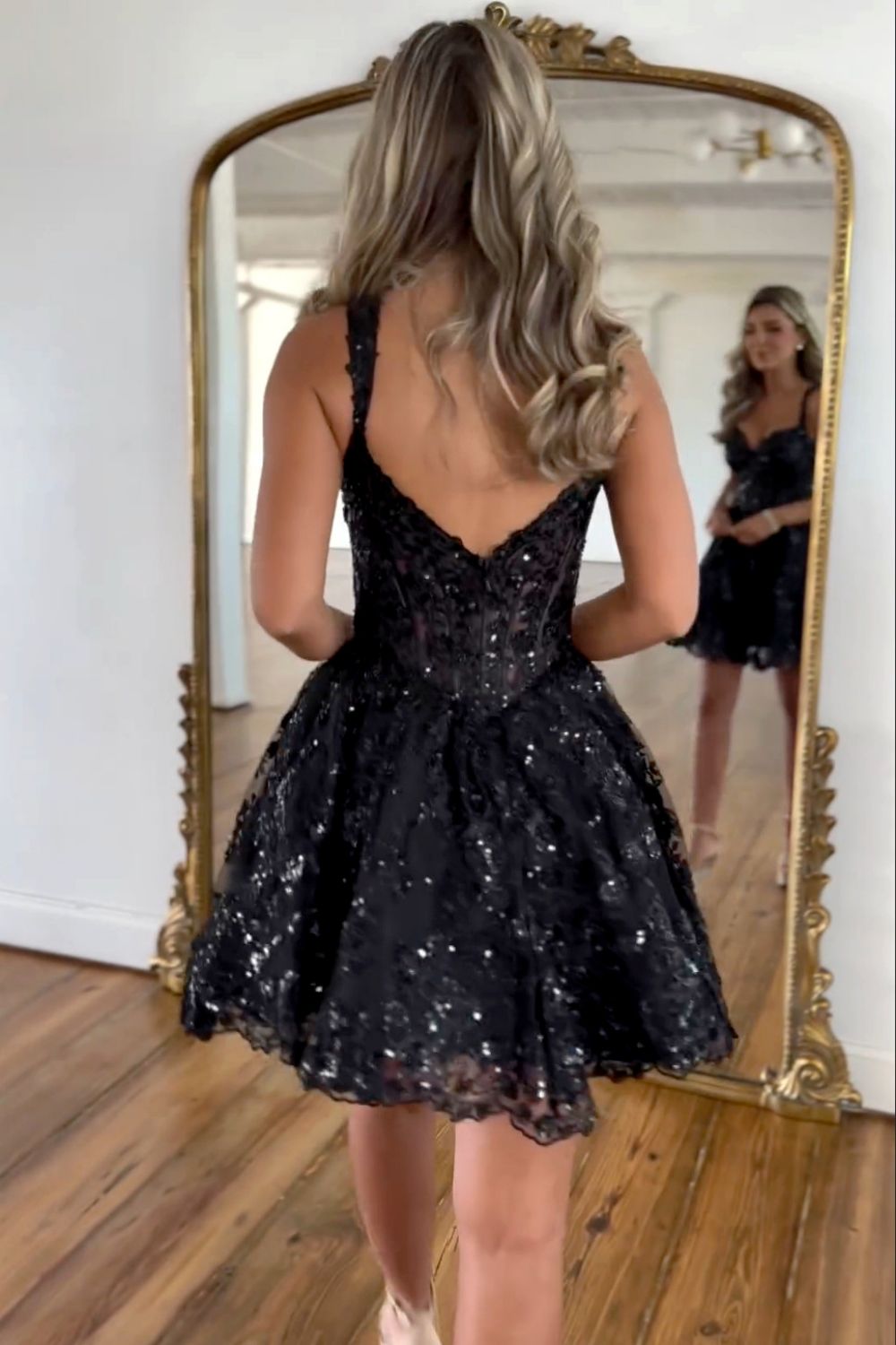 Chic A line Black Straps Short Homecoming Dress Satin Party Dress