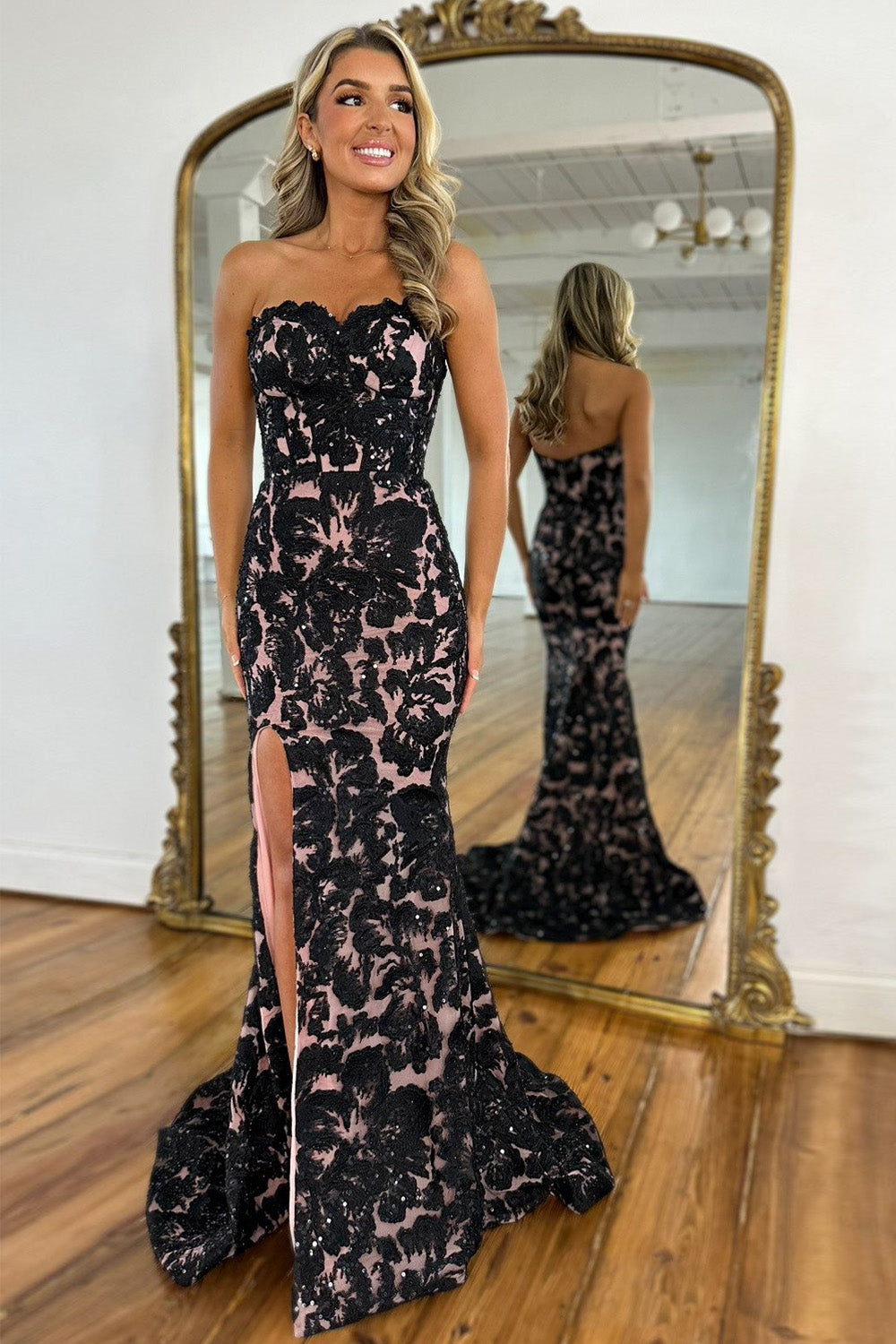 Luuvis Women Gorgeous Black Mermaid Sweetheart Long Prom Dress with Appliques and Slit Luuvis Women Gorgeous Black Mermaid Sweetheart Long Prom Dress with Appliques and Slit
