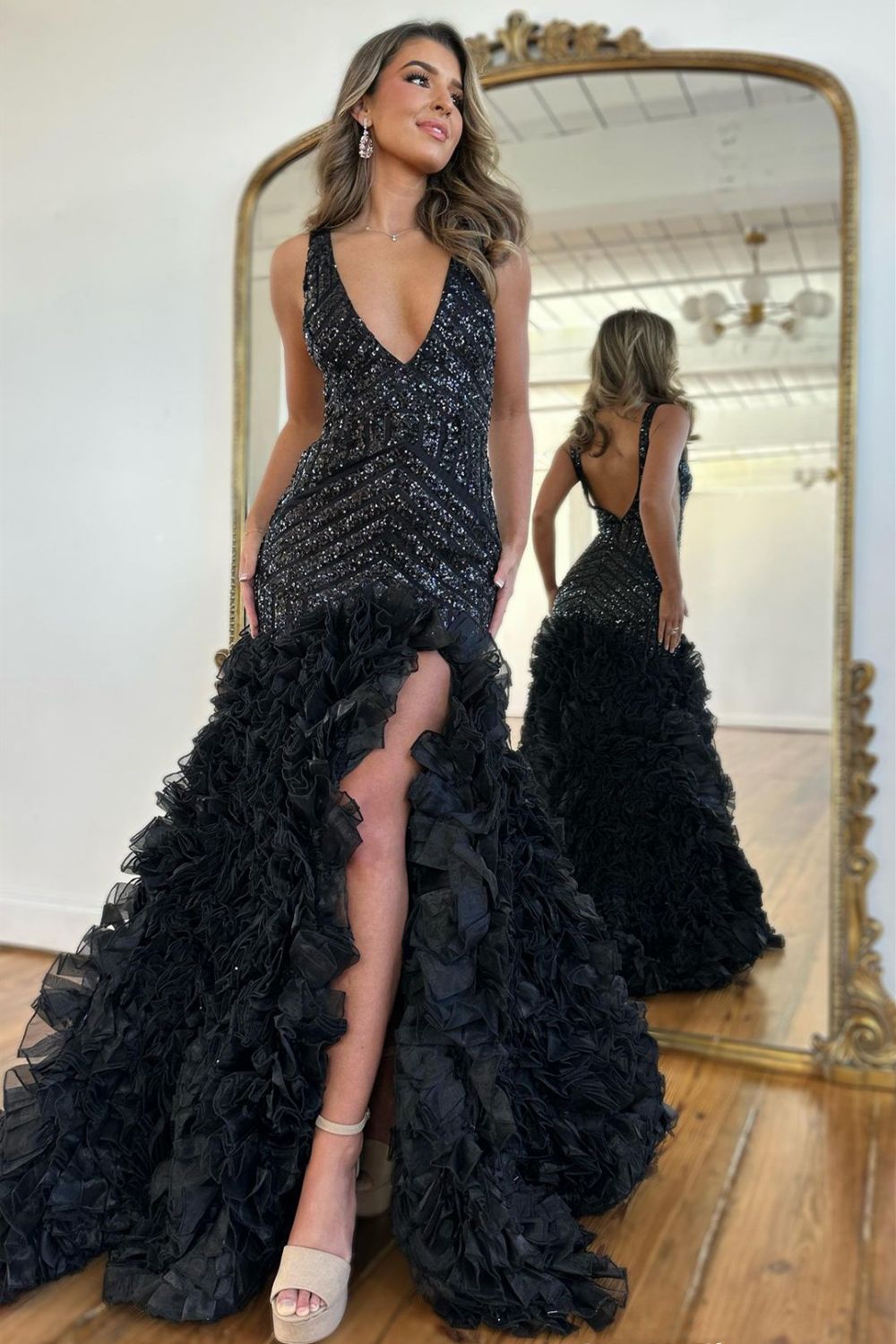 Luuvis Gorgeous Black Mermaid V-Neck Long Sequin Prom Dress With Ruffles Luuvis Gorgeous Black Mermaid V-Neck Long Sequin Prom Dress With Ruffles