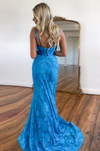 Load image into Gallery viewer, Gorgeous Blue Mermaid V-Neck Long Lace Prom Dress With Slit
