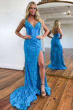 Load image into Gallery viewer, Gorgeous Blue Mermaid V-Neck Long Lace Prom Dress With Slit
