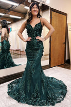 Load image into Gallery viewer, Glitter Dark Green Mermaid Spaghetti Straps Lace Up Prom Dress With Sequin

