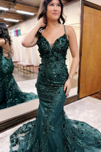 Load image into Gallery viewer, Glitter Dark Green Mermaid Spaghetti Straps Lace Up Prom Dress With Sequin
