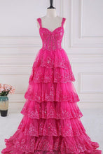 Load image into Gallery viewer, Gorgeous Fuchsia A-Line Off The Shoulder Long Tiered Prom Dress With Appliques
