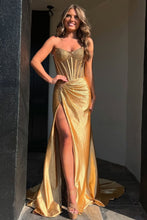 Load image into Gallery viewer, Gorgeous Gold Mermaid Strapless Long Beaded Prom Dress With High Slit
