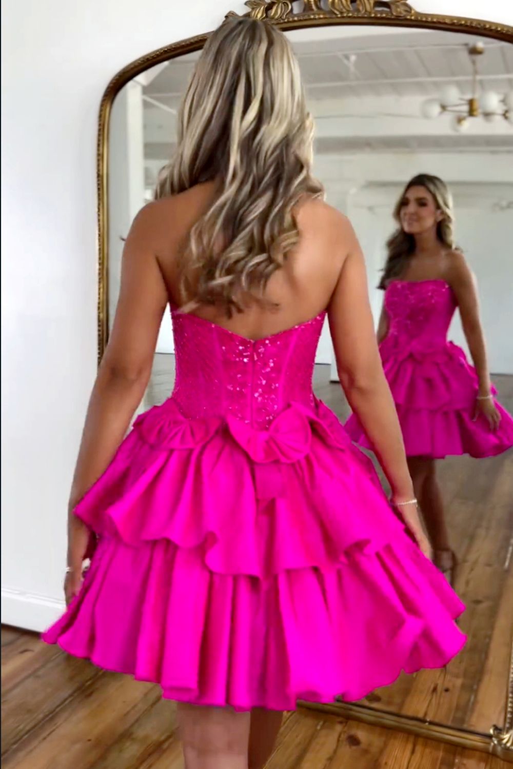 Hot Pink Strapless Beaded Homecoming Dresses, AST1420 main image 1