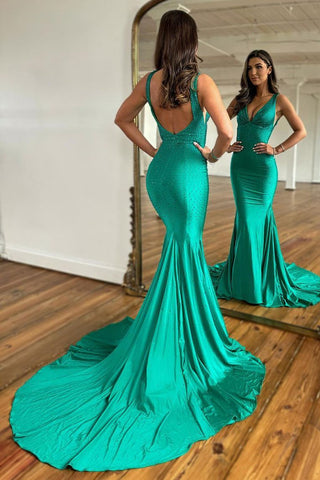 Sexy Deep V-Neck Open Back Mermaid Long Beaded Prom Party Dress