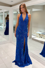 Load image into Gallery viewer, Gorgeous Mermaid Halter Neck Royal Blue Lace Long Prom Dress with Beading