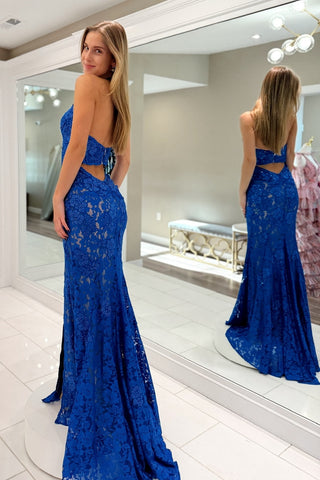 Gorgeous Mermaid Halter Neck Royal Blue Lace Long Prom Dress with Beading