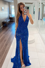 Load image into Gallery viewer, Gorgeous Mermaid Halter Neck Royal Blue Lace Long Prom Dress with Beading